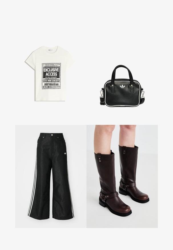 Biała koszulka z czarnym napisem promującym wydarzenie muzyczne, z hasłami "Ekskluzywny Dostęp", "Koncesje Rock Indie" i "Superstar Music Experience."; Czarne dżinsy o szerokich nogawkach z trzema białymi paskami po bokach i małym białym logo. Posiadają przednie kieszenie i zapięcie na guzik.; Brązowe skórzane botki do kolan o gładkiej fakturze, z szerokim paskiem i trójkątnymi akcentami metalowymi, z płaską gumową podeszwą.; Czarna skórzana torebka z dwoma krótkimi uchwytami, srebrnymi akcentami, białymi detalami i białym logo. Posiada teksturowaną powierzchnię oraz kompaktowy design.