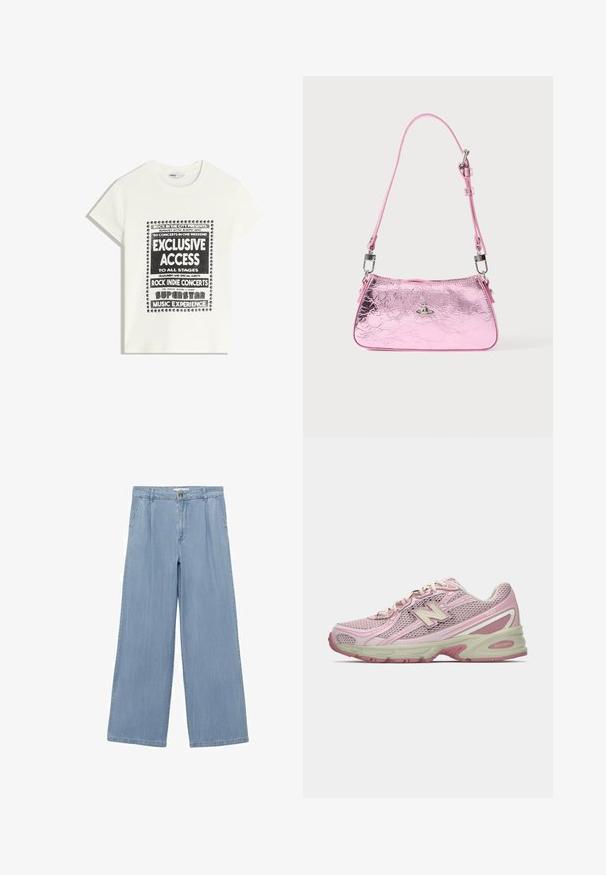Bijela majica s crnim natpisom koja promiče glazbeni događaj, s natpisima "Ekskluzivni Pristup", "Rock Indie Koncerti" i "Superstar Glazbeno Iskustvo."; Svijetloplave široke traperice izrađene od denima, s kopčanjem na dugme, petljama za remen i prednjim džepovima, glatke teksture i ravnim rubom.; Roza i bež New Balance 740 tenisica s gornjim dijelom od mrežice i sintetičkog materijala, vezanjem na vezice, i podstavljenim đonom, prikazana u bočnom profilu.; Ružičasta metalik torba s naboranom teksturom, podesivim remenom i srebrnim metalnim detaljima. Na prednjoj strani nalazi se mali amblem.