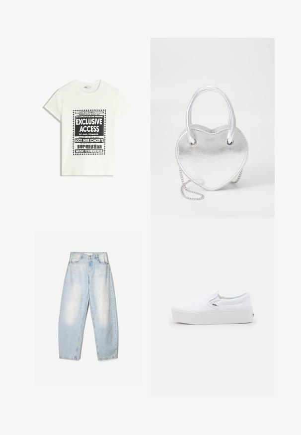 Valkoinen t-paita mustalla tekstillä, joka mainostaa musiikkitapahtumaa. Siinä on tekstit "Eksklusiivinen pääsy", "Rock Indie -konsertit" ja "Superstar-musiikkikokemus."; Vaaleansiniset farkut, joissa on löysä malli, haalistunut pinta, kaksi etutaskua ja nappikiinnitys vyötäröllä.; Valkoiset Vans-slip-on-tossut paksulla pohjalla ja huomaamattomalla logotarralla sivussa, esiteltynä profiilista vaaleaa taustaa vasten.; Hopeakimmeltä sydämenmuotoinen käsilaukku, jossa on kaksinkertaiset kahvat, ketjuhihna ja sileä pinta. Varustettu metalliosilla ja ommelluilla reunoilla.