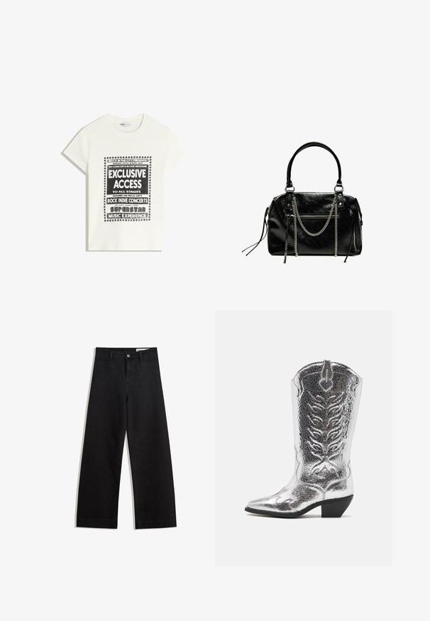 Weißes T-Shirt mit schwarzem Text zur Bewerbung eines Musikevents, mit den Aufdrucken "Exklusiver Zugang", "Rock Indie Konzerte" und "Superstar Musikerlebnis."; Schwarze weit geschnittene Jeans mit hoher Taille, ausgestattet mit Vorder- und Hintertaschen, gesteppten Nähten und einem Knopfverschluss. Glatte Textur.; AllSaints DOLLY - Cowboy-/Bikerboot - metallic silver; Bershka WITH CHAIN - Handtasche - black