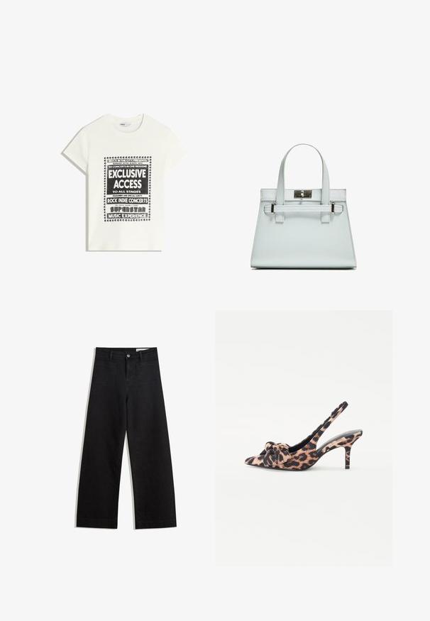 Maglietta bianca con testo nero che promuove un evento musicale, con le scritte "Accesso Esclusivo", "Concerti Rock Indie" e "Esperienza Musicale da Superstar".; Pantaloni in denim neri a gamba larga con vita alta, dotati di tasche anteriori e posteriori, cuciture a punto, e chiusura con bottone. Texture liscia.; Tacchi slingback in stampa leopardata con punta affusolata, dettaglio a fiocco davanti e tacco alto e sottile, realizzati in un morbido materiale tessile.; Borsa a mano azzurro chiaro con design strutturato, due manici e chiusura in metallo tono argento. Materiale testurizzato e angoli acuti.