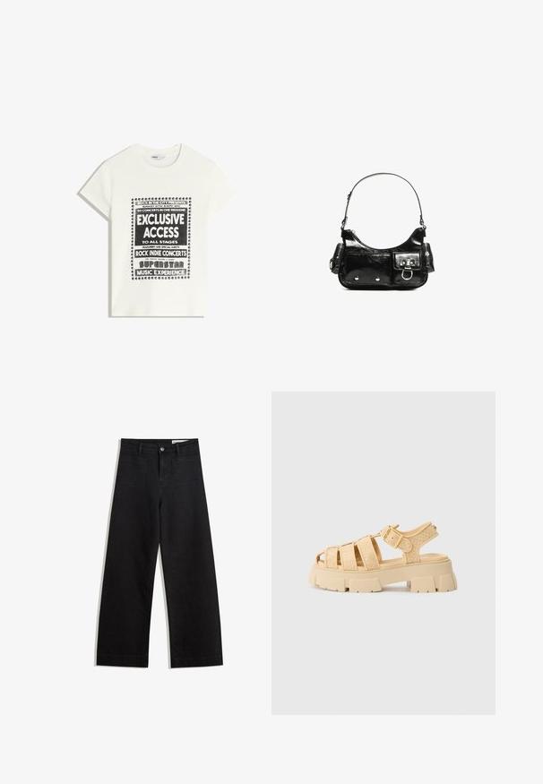 Bijela majica s crnim natpisom koja promiče glazbeni događaj, s natpisima "Ekskluzivni Pristup", "Rock Indie Koncerti" i "Superstar Glazbeno Iskustvo."; Crne široke traperice s visokim strukom, s prednjim i stražnjim džepovima, šivenim šavovima i kopčanjem na gumb. Glatka tekstura.; Bež platforme sandale s tkanim trakama i kopčom. Debela potplat s teksturiranim završetkom. Dizajn otvorenog prsta. Lagane i ležerne.; Crna patentna kožna torba s zakrivljenim oblikom, jednim remenom za rame, prednjim džepovima i akcentima od srebrnog tona.