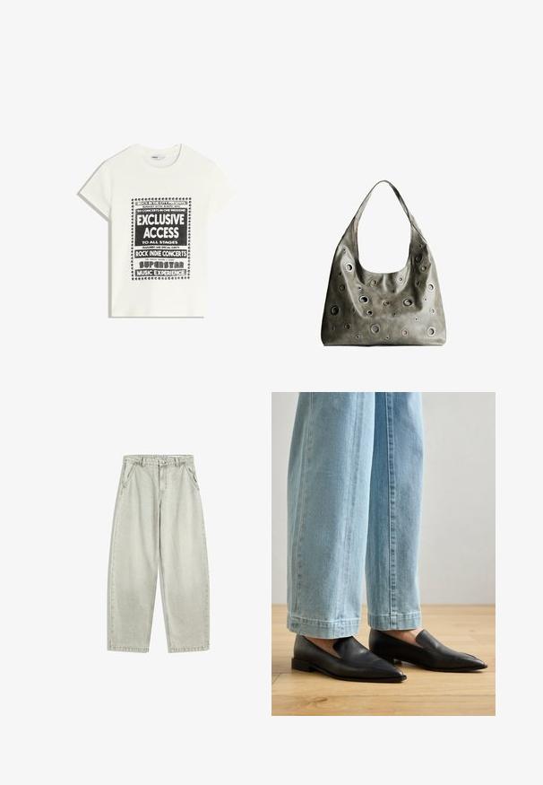 Valkoinen t-paita mustalla tekstillä, joka mainostaa musiikkitapahtumaa. Siinä on tekstit "Eksklusiivinen pääsy", "Rock Indie -konsertit" ja "Superstar-musiikkikokemus."; Vaaleanharmaat farkut, joissa on korkea vyötärö, etupainike ja vetoketju, vinot sivutaskut ja leveät suorat lahkeet.; Mustat nahkakengät, joissa on terävä nenä ja liukupohja, yhdistettynä vaaleansinisiin leveälahkeisiin farkkuihin, puisella lattialla.; Oliivinvihreä nahkalaukku, jossa on rento muotoilu, ja jossa on erilaisia kokoisia pyöreitä läpivientejä sekä tummempia ja vaaleampia yksityiskohtia.