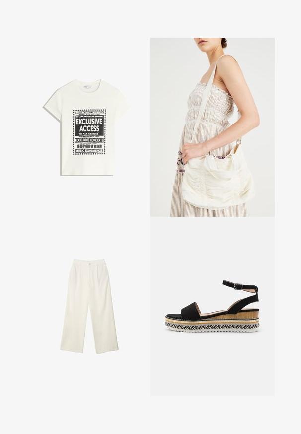 Biała koszulka z czarnym napisem promującym wydarzenie muzyczne, z hasłami "Ekskluzywny Dostęp", "Koncesje Rock Indie" i "Superstar Music Experience."; Spodnie z szerokimi nogawkami w kremowej tkaninie o gładkiej fakturze, z pojedynczym guzikiem z przodu, subtelnymi plisami i wysokim stanem.; Czarny zamszowy sandał z szerokim paskiem, zapięciem w kostce i warstwową podeszwą na koturnie z naturalnymi fakturami i plecionym wzorem.; Biała torba na ramię z tkaniny o marszczonej fakturze, regulowanym pasku i srebrnymi elementami. Wyeksponowana obok kremowej sukienki.; Kremowa poduszka na głowę zziębniętym wzorem, zestawiona z beżową i białą koszulą w paski, z okrągłym dekoltem. Subtelne akcenty biżuteryjne.