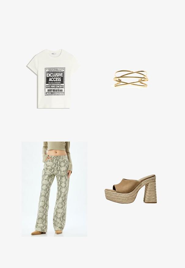 Hvid T-shirt med sort tekst, der promoverer et musikarrangement, med teksten "Eksklusiv Adgang," "Rock Indie Koncerter," og "Superstar Musikoplevelse."; Breddebenede bukser har et lys grønt og gråt slangeprintmønster. De er lavet af et tekstureret stof, har sidelommer og en knaplukning.; Brune ruskinds platformmules med åben tå, der har en chunky flettet jutehæl og et glat, rundet overdesign.; Guldtonet armbånd med sammenflettede metalliske bånd med en glat, poleret finish og åben design. Let og minimalistisk.; Guldtonet armbånd med sammenflettede metalliske bånd med en glat, poleret finish og åben design. Let og minimalistisk.
