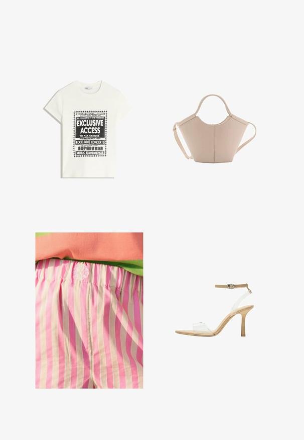 Hvid T-shirt med sort tekst, der promoverer et musikarrangement, med teksten "Eksklusiv Adgang," "Rock Indie Koncerter," og "Superstar Musikoplevelse."; Lyserøde og creme-stribede stofshorts med elastisk talje. Har broderet logo detaljer på taljen. Glat tekstur.; Klart hælet sandal med en gennemsigtig overdel, beige fodseng og en slank ankelrem. Har en spids tå og en tynd høj hæl.; Lysebrun læderhåndtaske med en unik form, featuring to korte håndtag og et langt justerbart rem. Glat tekstur med minimal hardware.