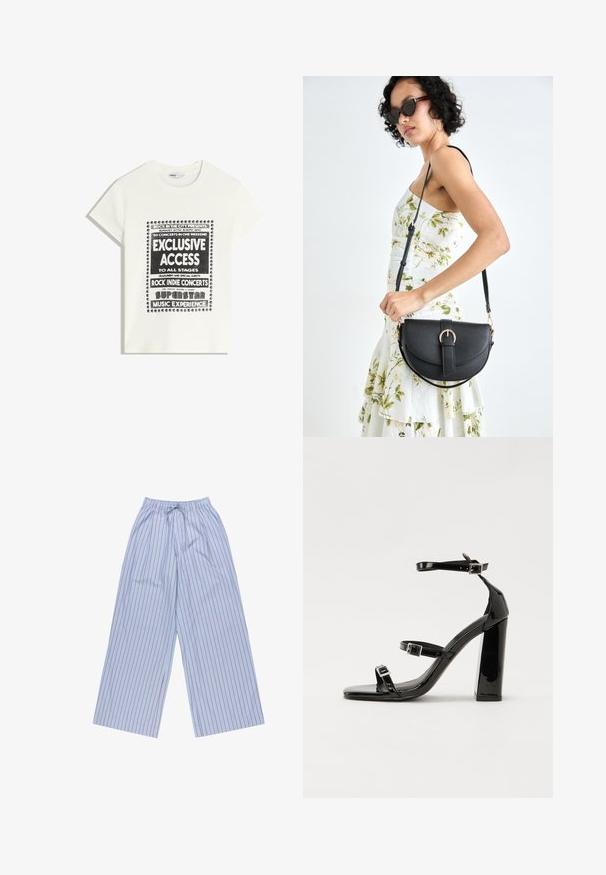 Maglietta bianca con testo nero che promuove un evento musicale, con le scritte "Accesso Esclusivo", "Concerti Rock Indie" e "Esperienza Musicale da Superstar".; Pantaloni larghi a righe blu con righe verticali rosse, realizzati in tessuto leggero, con vita elastica e coulisse e tasche laterali.; Sandali con tacco in vernice nera, con punta squadrata, cinturini alla caviglia e fibbie in argento. Presentano un tacco a blocco spesso per maggiore stabilità.; Borsa a tracolla nera in pelle con una forma curva, manico rimovibile e accessori dorati. La borsa presenta una patta con un dettaglio a fibbia.