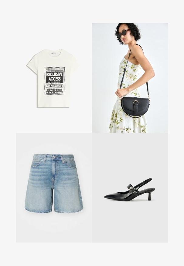 T-shirt blanche avec du texte noir promouvant un événement musical, comportant "Accès Exclusif", "Concerts Rock Indie" et "Expérience Musicale Superstar."; Shorts en denim bleu clair à coupe droite, avec cinq poches, passants de ceinture et un ourlet légèrement effiloché. Texture et finition de jean classiques.; Escarpins slingback en cuir verni noir avec un bout pointu et un petit talon bloc, mettant en avant un accent en boucle argentée sur la sangle.; Sac à main en cuir noir avec une forme courbée, bandoulière amovible et des accessoires en or. Le sac est doté d'un rabat avec un détail de boucle.