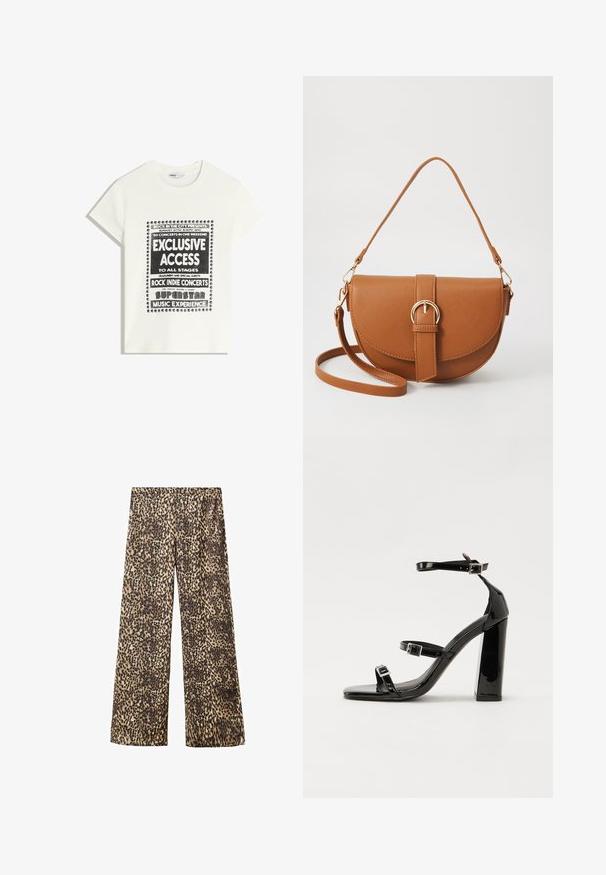 Hvid T-shirt med sort tekst, der promoverer et musikarrangement, med teksten "Eksklusiv Adgang," "Rock Indie Koncerter," og "Superstar Musikoplevelse."; Rester med leopardtryk i let materiale. Har en neutral palet af beige og brun med sorte pletter og en afslappet pasform.; Sorte patenterede hælsandaler med firkantet tå, ankelremme og sølvspænder. Har en chunky blokHæl for stabilitet.; Brun læder crossbody taske med en buet form, guldfarvet hardware og en spændeaccent. Har en aftagelig skulderrem.
