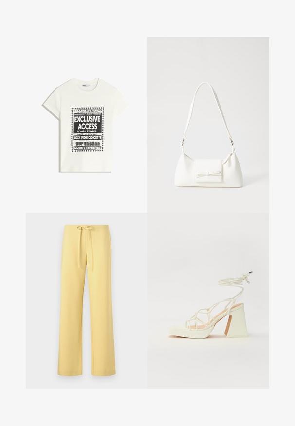 Hvid T-shirt med sort tekst, der promoverer et musikarrangement, med teksten "Eksklusiv Adgang," "Rock Indie Koncerter," og "Superstar Musikoplevelse."; Gule, letvægts, bomuldsblandede bukser med snøre i taljen, lige ben og ingen synlige mønstre eller accenter.; Hvide højhælede sandaler med en kraftig hæl, der har et stropdesign og ankelbinding. Glat tekstur med en platform foran for ekstra højde.; Hvid syntetisk håndtaske med en trekantet form, flad forsideklap og sløjfedetalje, justerbar strop, glat tekstur og minimalistisk design.