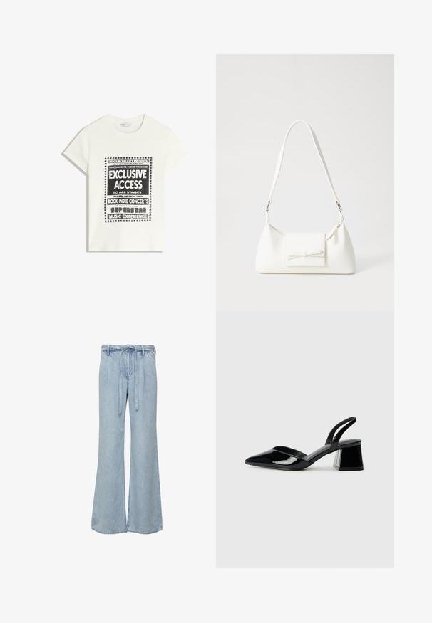 Weißes T-Shirt mit schwarzem Text zur Bewerbung eines Musikevents, mit den Aufdrucken "Exklusiver Zugang", "Rock Indie Konzerte" und "Superstar Musikerlebnis."; Hellblaue weit geschnittene Jeans aus Denim. Mit einem Kordelzugbund und einer lockeren Passform, mit dezentem Verblassen und gestickten Details.; Schwarze Lackleder-Slingback-High Heels mit spitzem Schuh und einem geometrischen Blockabsatz. Verfügt über ein schlankes, minimalistisches Design und eine glatte Textur.; Weiße synthetische Handtasche in dreieckiger Form, flache Vorderklappe und Schleifendetail, verstellbarer Trageriemen, glatte Textur und minimalistisches Design.