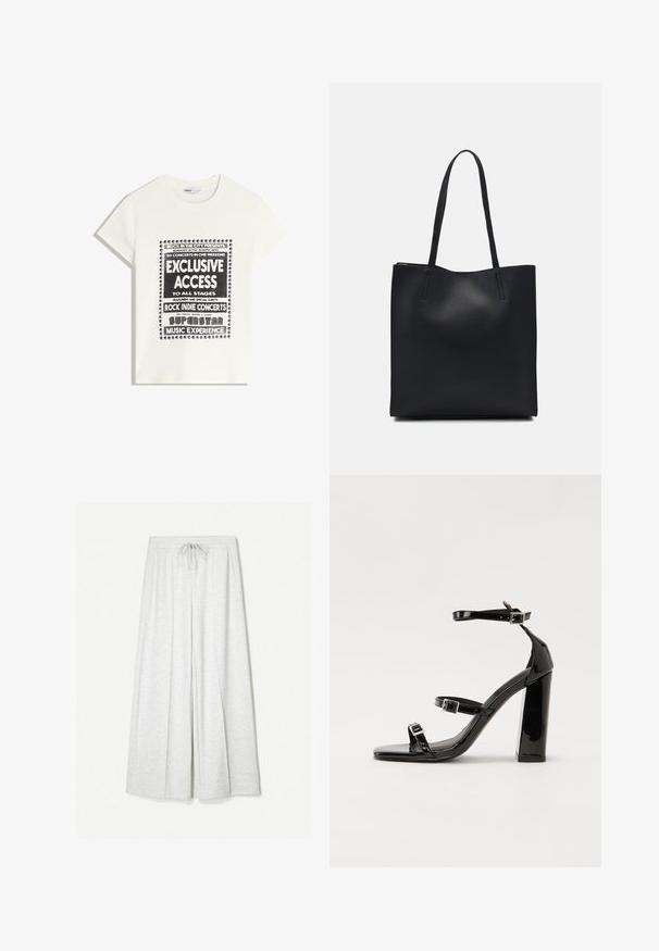 Fehér póló fekete felirattal, amely egy zenei eseményt népszerűsít, benne az "Exkluzív Hozzáférés", "Rock Indie Koncertek" és "Szupersztár Zenei Élmény" szöveggel.; Világosszürke, laza szabású nadrág, puha anyagból készült, elasztikus derékkal és zsinóros megkötővel, elöl zsebekkel.; Fekete lakk magas sarkú szandál négyzet alakú orral, bokapántokkal és ezüst csatokat tartalmaz. Masszív blokk sarka a stabilitásért felel.; Fekete bőrtáska sima felszínnel, téglalap alakú, két hosszú füllel. Nincs látható fémkiegészítő vagy díszítés.