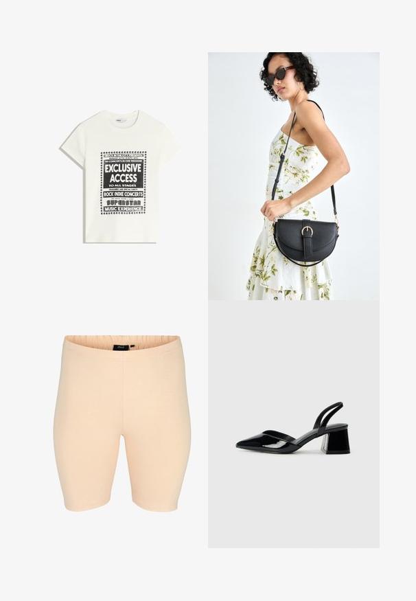 Biela tričko s čiernym textom propagujúcim hudobnú udalosť, ktorý obsahuje "Exkluzívny prístup", "Rock Indie koncerty" a "Superstar hudobný zážitok."; Béžové elastické šortky s elastickým pásom; hladká textúra a priliehavý strih. Žiadne viditeľné vzory ani hardvérové detaily.; Čierne lakované kožené sandálové podpätky s špicatou špičkou a geometrickým blokovým podpätkom. Disponujú elegantným, minimalistickým dizajnom a hladkým povrchom.; Čierna kožená kabelka s zaobleným tvarom, odnímateľným popruhom a zlatými doplnkami. Kabelka má klopu s detailom s prackou.