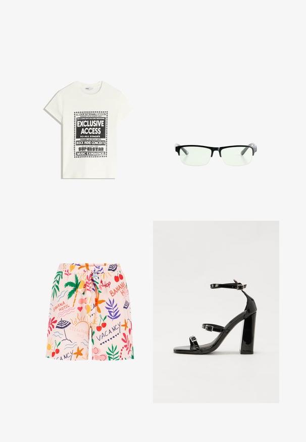 Tricou alb cu text negru care promovează un eveniment muzical, având inscripțiile "Acces Exclusiv", "Concerte Rock Indie" și "Experiența Muzicală a Superstarurilor".; Shorturi de baie roz deschis cu un imprimeu jucăuș ce include palmieri, umbrele, cireșe și grafică tematică de vacanță, dotate cu un cordon pentru ajustare.; Sandale cu toc din patent negru, cu vârf pătrat, curele la gleznă și catarame din argint. Dispune de un toc gros pentru stabilitate.; Ochelari de vedere rectangulari negri, cu lentile clare, având rame negre elegante și vârfuri de brad transparente gri. Design minimalist, fără marcaje vizibile.