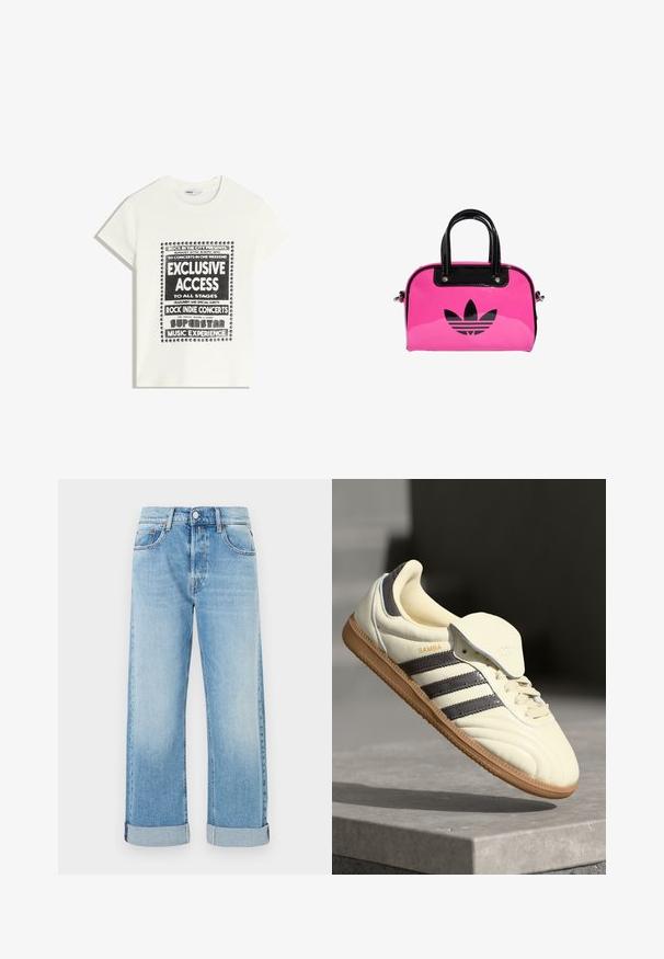 Bijela majica s crnim natpisom koja promiče glazbeni događaj, s natpisima "Ekskluzivni Pristup", "Rock Indie Koncerti" i "Superstar Glazbeno Iskustvo."; Svijetloplave traperice ravnog kroja, s pet džepova, zatvaranjem na dugme i podvrnutim nogavicama.; Kremaste kožne tenisice s tri tamne pruge, smešnim gumiranim potplatom i zaobljenim vrhom. Imaju preklopni jezik označen s "SAMBA."; Roze patentna torbica sa crnim logotipom i drškama, sa zaobljenim oblikom i zatvaranjem na patentni zatvarač. Sjajna tekstura poboljšava vidljivost.