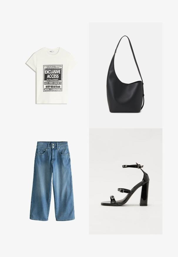 Weißes T-Shirt mit schwarzem Text zur Bewerbung eines Musikevents, mit den Aufdrucken "Exklusiver Zugang", "Rock Indie Konzerte" und "Superstar Musikerlebnis."; Helle blaue, weit geschnittene Jeans mit hoher Taille. Mit zwei Fronttaschen, zwei Gesäßtaschen und doppeltem Knopfverschluss.; Schwarze patentierte Sandalen mit Absatz, quadratischer Spitze, Knöchelriemen und silbernen Schnallen. Mit einem stabilen Blockabsatz für mehr Stabilität.; Schwarze Leder-Hobo-Tasche mit einer glatten Textur, geschwungener Form und einem einzelnen verstellbaren Tragegurt; verfügt über eine weite Öffnung am oberen Ende.