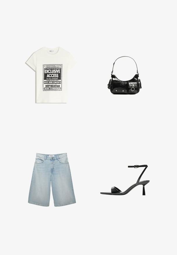 Fehér póló fekete felirattal, amely egy zenei eseményt népszerűsít, benne az "Exkluzív Hozzáférés", "Rock Indie Koncertek" és "Szupersztár Zenei Élmény" szöveggel.; Világoskék farmer rövidnadrág széles lábakkal, öt zsebből, övhurkokból és cipzáras záródással. Sima textúra világos kopással.; Bershka Magas sarkú szandálok - black; Fekete lakkbőr kézitáska ívelt formával, egy vállpánttal, elülső zsebekkel és ezüstszínű fémrészletekkel.