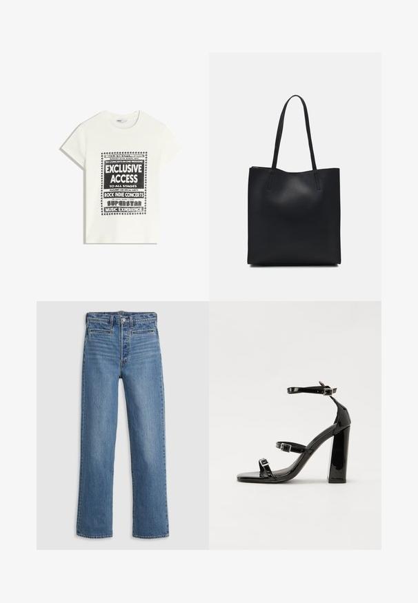 Bijela majica s crnim natpisom koja promiče glazbeni događaj, s natpisima "Ekskluzivni Pristup", "Rock Indie Koncerti" i "Superstar Glazbeno Iskustvo."; Svijetloplavi, ravni traperice izrađene od denima. Značajke uključuju gumbe na zatvaranju, pet džepova i suptilnu izbljeđenost. Bez ukrasa ili uzoraka.; Crne lakirane sandale na pete sa kvadratnim nosom, trakama oko gležnja i srebrnim kopčama. Imaju čvrst blok petu za stabilnost.; Crna kožna torba za nošenje s glatkom teksturom, pravokutnim oblikom i dvije duge ručke. Nema vidljivih metalnih dijelova ili ukrasa.