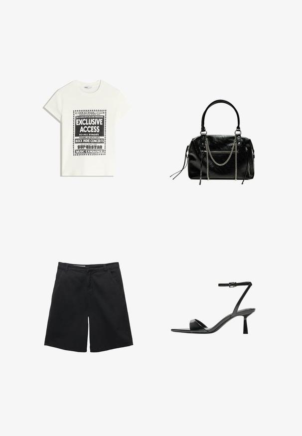 Valkoinen t-paita mustalla tekstillä, joka mainostaa musiikkitapahtumaa. Siinä on tekstit "Eksklusiivinen pääsy", "Rock Indie -konsertit" ja "Superstar-musiikkikokemus."; Mustat puuvillahousut, joissa on suora leikkaus, kaksi etutaskua ja sileä pinta. Ei näkyviä kuvioita tai koristeita.; Bershka Korolliset sandaalit - black; Bershka WITH CHAIN - Käsilaukku - black