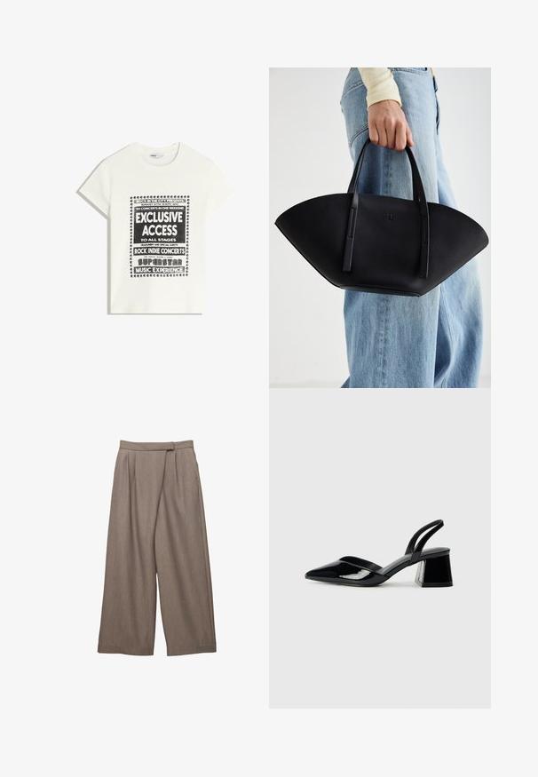 Maglietta bianca con testo nero che promuove un evento musicale, con le scritte "Accesso Esclusivo", "Concerti Rock Indie" e "Esperienza Musicale da Superstar".; Pantaloni ampi in un tessuto marrone chiaro, caratterizzati da pieghe in vita e una texture liscia. Design con tasche laterali per praticità.; Décolleté in vernice nera con punta affusolata e tacco in geometria cubica. Presentano un design elegante e minimalista, con una texture liscia.; Borsa a tracolla in pelle nera con una forma a ventaglio unica, dotata di manici piatti. La superficie presenta una texture a ciottoli e un design minimalista.