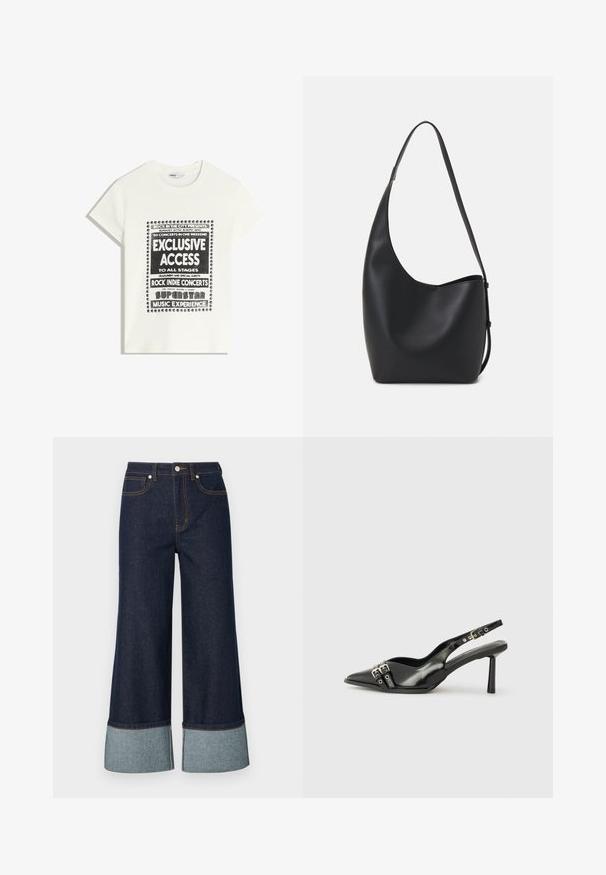 Bijela majica s crnim natpisom koja promiče glazbeni događaj, s natpisima "Ekskluzivni Pristup", "Rock Indie Koncerti" i "Superstar Glazbeno Iskustvo."; Široke traperice od tamnog denima, s lakšim manžetama od denima. Dizajn uključuje prednje džepove i detalje u kontrastnom šivanju.; Crna lakirana slingback cipela s izduženim vrhom, remenčićima oko gležnja s srebrnim kopčama i dijelovima, te vitkim potplatom.; Crna kožna hobo torba s glatkom teksturom, zakrivljenim oblikom i jednom podesivom trakicom; ima širok otvor na vrhu.