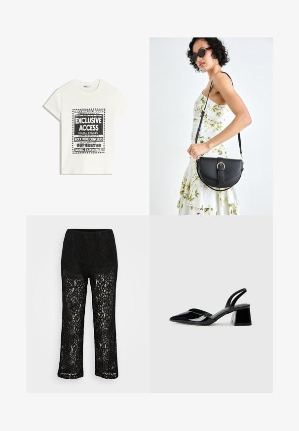Witte t-shirt met zwarte tekst ter promotie van een muziek evenement, met de opschriften "Exclusieve Toegang," "Rock Indie Concerten," en "Superster Muziekervaring."; Zwarte kant brede pijpen broek met een ondoorzichtige onderbepaling, bloemenpatroon en elastische tailleband op een effen achtergrond.; Zwarte gepatineerde leren slingback hakken met een spitse neus en een geometrische blokhak. Kenmerkt zich door een slank, minimalistisch ontwerp en een gladde textuur.; Zwarte leren handtas met een gebogen vorm, afneembare schouderband en gouden hardware. De tas heeft een klep met een gespsluiting.