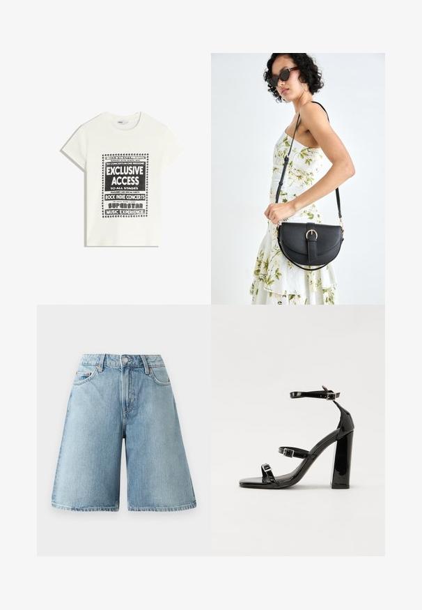 Vit t-shirt med svart text som främjar ett musikevenemang, med inskriptionerna "Exklusiv Tillgång", "Rock Indie-konserter" och "Superstar Musikupplevelse."; Ljust blå denimshorts med lös passform, medelhögt midjehölje, fem fickor och kontrasterande sömnadsdetaljer. Tyget har en mjuk textur.; Svarta lackerade klacksandaler med fyrkantig tå, ankelremmar och silverfärgade spännen. Har en kraftig blockklack för stabilitet.; Svart läderhandväska med en böjd form, avtagbar rem och guldiga detaljer. Väskan har ett lock med en spänndetalj.