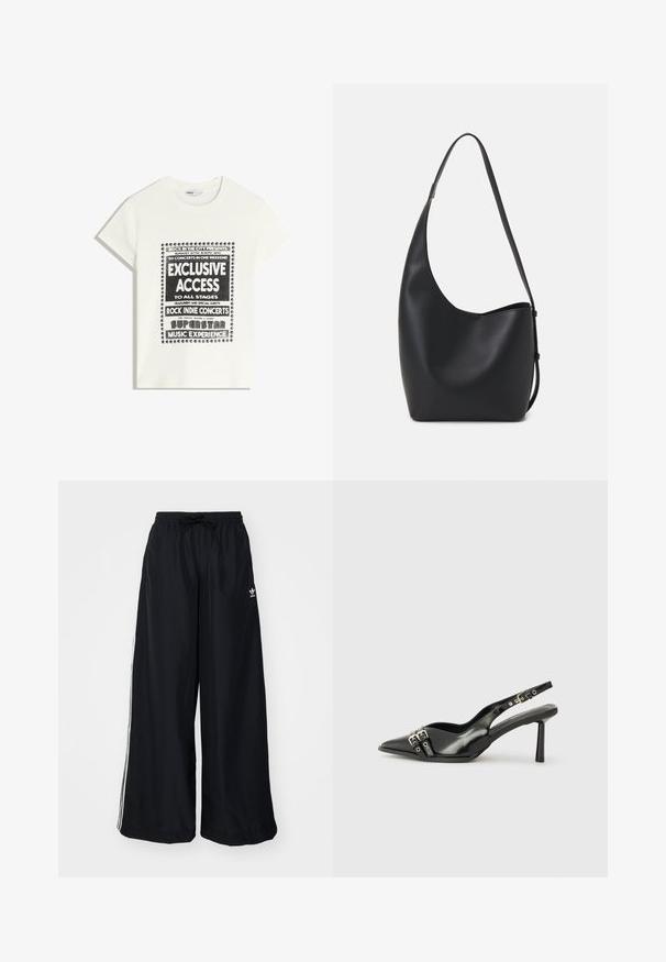 Fehér póló fekete felirattal, amely egy zenei eseményt népszerűsít, benne az "Exkluzív Hozzáférés", "Rock Indie Koncertek" és "Szupersztár Zenei Élmény" szöveggel.; Fekete, bő szabású nadrág, könnyű anyagból készült. Rugalmas derékkal, zsinórral és fehér oldalcsíkokkal rendelkezik. Márkalogó a csípőn.; Fekete lakk bőr, hegyes orrú slingback cipő, boka pántokkal, ezüst csatokkal és hardverelemekkel, valamint karcsú sarkú.; Fekete bőr hobo táska sima textúrával, ívelt formával és egyetlen állítható pánttal; széles nyílás található a tetején.