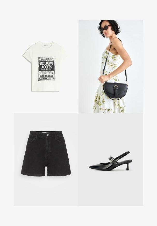 Bela majica s črnim napisom, ki promovira glasbeni dogodek, z besedami "Ekskluziven dostop," "Rock Indie koncerti" in "Superzvezdniška glasbena izkušnja."; Črne denim kratke hlače z visokim pasom, petimi žepi in sprednjim gumbom. Imajo čist, neopremljen dizajn.; Črne patent usnjene slingback pete s koničastim nosom in majhnim blok peto, ki vključujejo srebrno zaponko na traku.; Črna usnjena torbica s ukrivljeno obliko, z odstranljivo naramnico in zlatimi dodatki. Torbica ima pokrov s podrobnostmi v obliki zaponke.