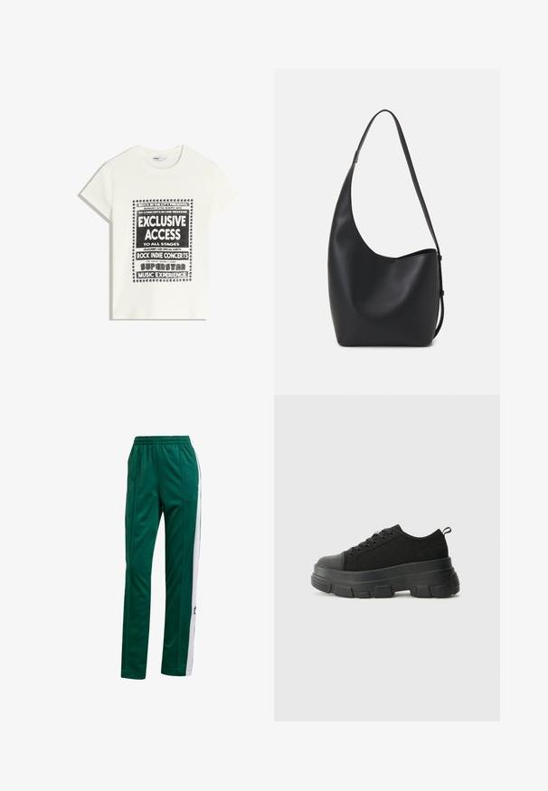 Bela majica s črnim napisom, ki promovira glasbeni dogodek, z besedami "Ekskluziven dostop," "Rock Indie koncerti" in "Superzvezdniška glasbena izkušnja."; Zelene atletske hlače z gladko teksturo, elastičnim pasom, belimi stranskimi črtami in subtilnim logotipom na spodnjem delu noge.; Črne teniske z debelim gumijastim podplatom, zgornji del iz teksturirane tkanine, okrogla punta in zavezovanje z vrvicami. Vključujejo ojačane luknje za vrvice in zanko na hrbtu.; Črna usnjena hobo torba z gladko teksturo, ukrivljeno obliko in eno nastavljivo naramnico; ima širok odprtina na vrhu.