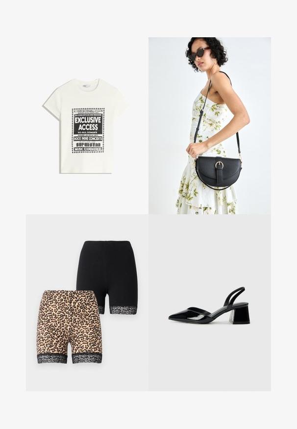 Fehér póló fekete felirattal, amely egy zenei eseményt népszerűsít, benne az "Exkluzív Hozzáférés", "Rock Indie Koncertek" és "Szupersztár Zenei Élmény" szöveggel.; Két sort: az egyik egyszínű fekete anyagból készült, a másik pedig világosbarna leopárdmintás, fekete csipkével díszített szegéllyel. Mindkettő közepes hosszúságú.; Fekete lakk bőr szandálkés magas sarkú cipő, hegyes orral és geometrikus tömbsarkakkal. Karcsú, minimalista dizájn és sima textúra jellemzi.; Fekete bőrtáska ívelt formával, levehető pánttal és arany színű fémrészekkel. A táskán egy csattal díszített fedél található.