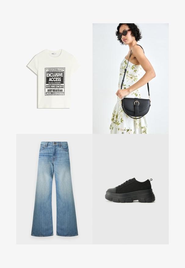 Witte t-shirt met zwarte tekst ter promotie van een muziek evenement, met de opschriften "Exclusieve Toegang," "Rock Indie Concerten," en "Superster Muziekervaring."; Lichtblauwe wijde jeans van denim, voorzien van een standaard ritssluiting, vijf zakken en een vervaagde afwerking met subtiele whisker-details.; Zwarte sneakers met een stevige rubberen zool, textiel bovenwerk, ronde neus en vetersluiting. Beschikt over versterkte oogjes en een trekstrip aan de achterkant.; Zwarte leren handtas met een gebogen vorm, afneembare schouderband en gouden hardware. De tas heeft een klep met een gespsluiting.