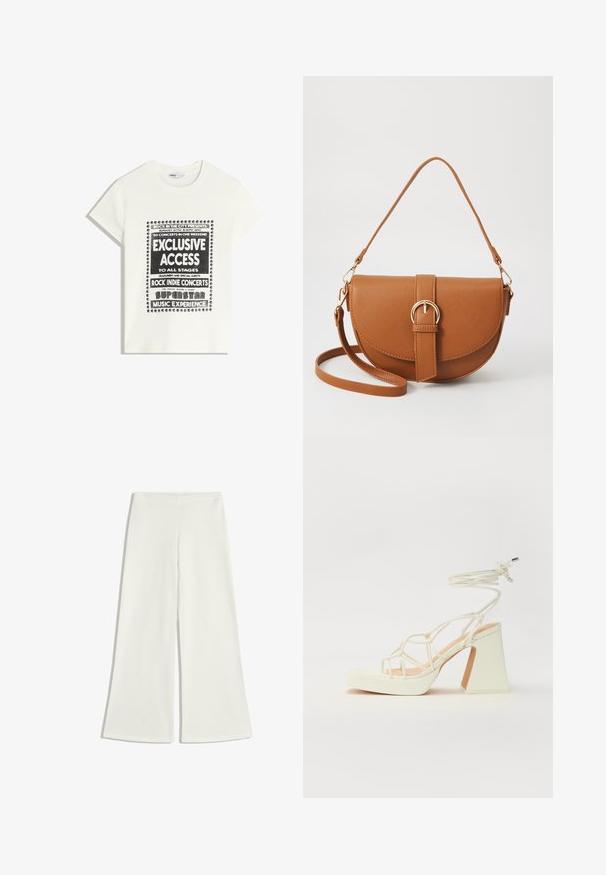 Witte t-shirt met zwarte tekst ter promotie van een muziek evenement, met de opschriften "Exclusieve Toegang," "Rock Indie Concerten," en "Superster Muziekervaring."; Witte wijde broek gemaakt van gladde stof. Ze hebben een hoge taille en geen zichtbare naden, wat zorgt voor een strakke silhouet.; Witte hoge hakken sandaal met een chunky hak, met een bandjesontwerp en enkelband. Gladde textuur met een plateau voor extra hoogte.; Bruine leren schoudertas met een gebogen vorm, gouden hardware en een gespaccent. Bevat een afneembare schouderriem.