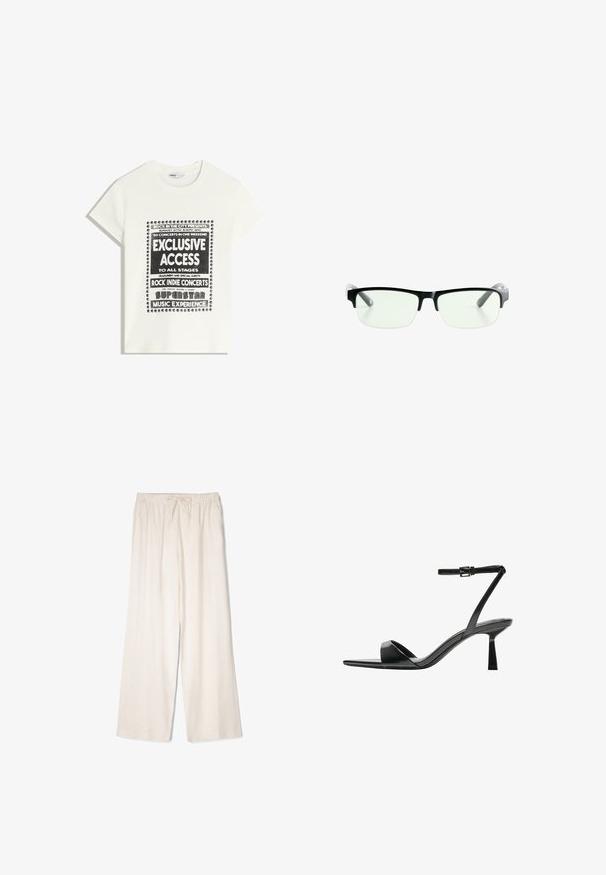 Valkoinen t-paita mustalla tekstillä, joka mainostaa musiikkitapahtumaa. Siinä on tekstit "Eksklusiivinen pääsy", "Rock Indie -konsertit" ja "Superstar-musiikkikokemus."; Vaaleanbeige pellavaiset leveälahkeiset housut, joissa on nauhavyötärö, pehmeä rakenne ja minimalistinen muotoilu, sopivat rentoon käyttöön.; Bershka Korolliset sandaalit - black; Mustat suorakulmaiset silmälasit, joissa on kirkkaat linssit ja tyylikkäät mustat kehykset sekä harmaat läpinäkyvät saranat. Minimalistinen muotoilu, ilman näkyvää brändäystä.