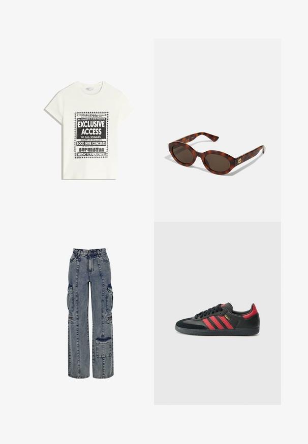 Bijela majica s crnim natpisom koja promiče glazbeni događaj, s natpisima "Ekskluzivni Pristup", "Rock Indie Koncerti" i "Superstar Glazbeno Iskustvo."; Osvijetljeni plavi traper hlače sa širokim nogavicama, višestrukim bočnim džepovima i kontrastnim tamnoplavim detaljima. Imaju strukturirane šavove.; Crne tenisice s crvenim prugama, od antilopa i kože, okrugli vrh, ravne vezice, strukturirana gumena potplat i zlatni detalji.; Tortna dioptrijske naočale s okruglim okvirom, tamnim sočivima i zlatnim logotipom na krakovima. Glatki plastični materijal, bez vidljivih uzoraka.; Višebojna torba s crnom, bijelom i bež mrežom. Ima teksturiranu ručku, dizajn svezivanja i odvojivi remen za rame.