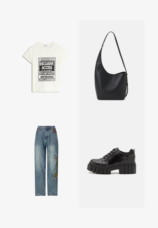 Weißes T-Shirt mit schwarzem Text zur Bewerbung eines Musikevents, mit den Aufdrucken "Exklusiver Zugang", "Rock Indie Konzerte" und "Superstar Musikerlebnis."; Helle blaue Denim-Jeans mit geradem Bein, ausgestattet mit bunten gestickten Details auf der linken Seite und einem klassischen Fünf-Taschen-Stil.; Schwarze Lederplateauschuhe mit klobigem Blockabsatz, runder Zehenpartie und traditionellem Schnürdesign. Verfügt über eine glatte Textur und minimale Details.; Schwarze Leder-Hobo-Tasche mit einer glatten Textur, geschwungener Form und einem einzelnen verstellbaren Tragegurt; verfügt über eine weite Öffnung am oberen Ende.