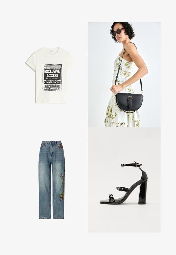 Weißes T-Shirt mit schwarzem Text zur Bewerbung eines Musikevents, mit den Aufdrucken "Exklusiver Zugang", "Rock Indie Konzerte" und "Superstar Musikerlebnis."; Helle blaue Denim-Jeans mit geradem Bein, ausgestattet mit bunten gestickten Details auf der linken Seite und einem klassischen Fünf-Taschen-Stil.; Schwarze patentierte Sandalen mit Absatz, quadratischer Spitze, Knöchelriemen und silbernen Schnallen. Mit einem stabilen Blockabsatz für mehr Stabilität.; Schwarze Lederhandtasche mit geschwungener Form, abnehmbarem Tragegurt und goldenen Beschlägen. Die Tasche verfügt über einen Deckel mit einer Schnallen-Details.