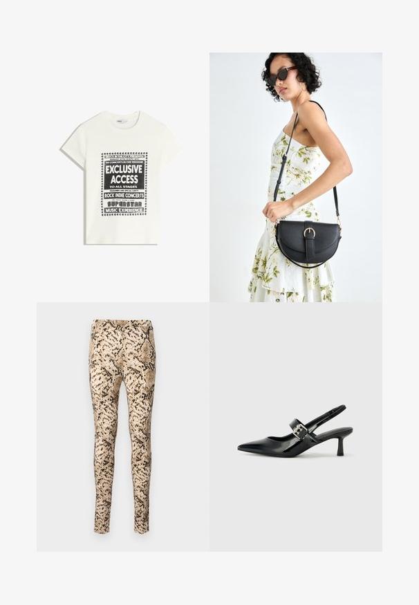 Witte t-shirt met zwarte tekst ter promotie van een muziek evenement, met de opschriften "Exclusieve Toegang," "Rock Indie Concerten," en "Superster Muziekervaring."; Slangprint leggings in beige en zwart met een aansluitend ontwerp, voorzien van een soepele textuur en een rekbare taille voor comfort.; Zwarte gepatineerde leren slingback hakken met een puntige neus en een kleine blokhak, met een zilveren gespaccent op de band.; Zwarte leren handtas met een gebogen vorm, afneembare schouderband en gouden hardware. De tas heeft een klep met een gespsluiting.