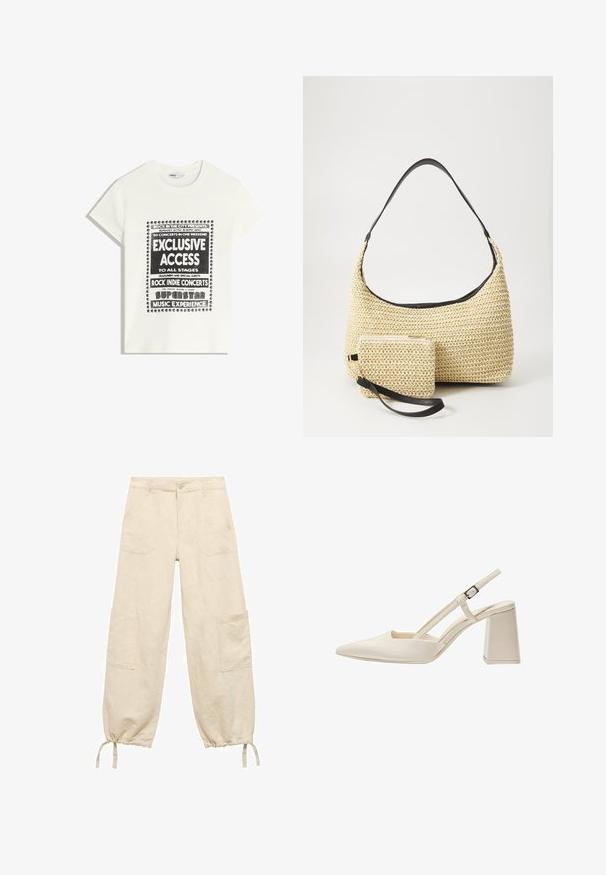 Biała koszulka z czarnym napisem promującym wydarzenie muzyczne, z hasłami "Ekskluzywny Dostęp", "Koncesje Rock Indie" i "Superstar Music Experience."; Beżowe spodnie cargo o luźnym kroju, wykonane z lekkiego materiału. Posiadają boczne kieszenie, ściągacze u dołu i zapięcie na guzik.; Beżowe buty na obcasie typu slingback z wydłużonym noskiem, błyszczącym lakierowanym wykończeniem, średnim słupkowym obcasem oraz regulowanym paskiem. Minimalistyczny design z otwartymi bokami.; Woven straw handbag o zaokrąglonym kształcie, z gładkim czarnym skórzanym paskiem oraz dopasowaną małą sakiewką przypiętą na pasku na nadgarstek.