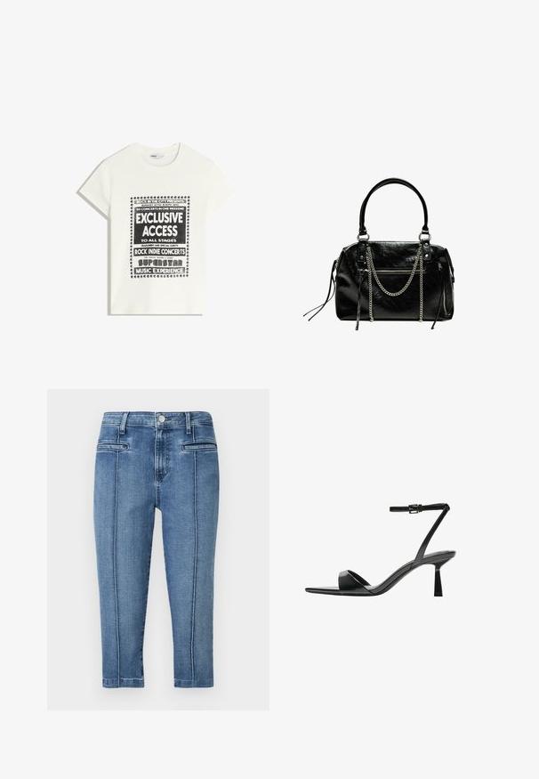 White t-shirt with black text promoting a music event, featuring "Exclusive Access," "Rock Indie Concerts," and "Superstar Music Experience."; Denim trousers in medium blue, featuring a five-pocket design, straight cut, and contrast stitching along the side seams.; Bershka High heeled sandals - black; Bershka WITH CHAIN - Handbag - black
