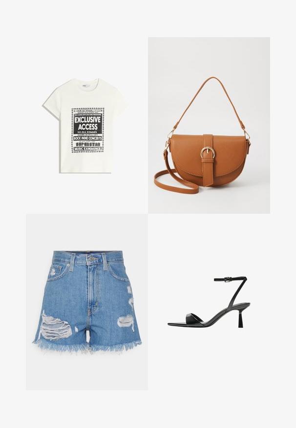 Bijela majica s crnim natpisom koja promiče glazbeni događaj, s natpisima "Ekskluzivni Pristup", "Rock Indie Koncerti" i "Superstar Glazbeno Iskustvo."; Traperice kratke hlače visoke struka u svijetloplavoj boji s izlizanim rupicama. Imaju rastegnuti rub i klasičan dizajn s pet džepova uz kopčanje na gumb.; Bershka Sandale s visokom petom - black; Smeđa kožna torba preko tijela s zakrivljenim oblikom, zlatnim metalnim detaljima i naglaskom na kopču. Ima odvojivu naramenicu.
