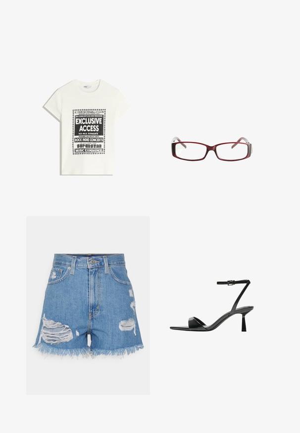 Bela majica s črnim napisom, ki promovira glasbeni dogodek, z besedami "Ekskluziven dostop," "Rock Indie koncerti" in "Superzvezdniška glasbena izkušnja."; Jeans kratke hlače s visokim pasom v svetlo modri barvi z uničenimi luknjami. Imajo robove, ki se razhajajo, ter klasično zasnovo s petimi žepi in gumbom za zapiranje.; Bershka Sandali z visoko peto - black; Rdeče pravokotne očalno okvirje s eleganten dizajn. Jasne leče, rahlo prosojne temple in gradientni učinek od rdeče do sive.