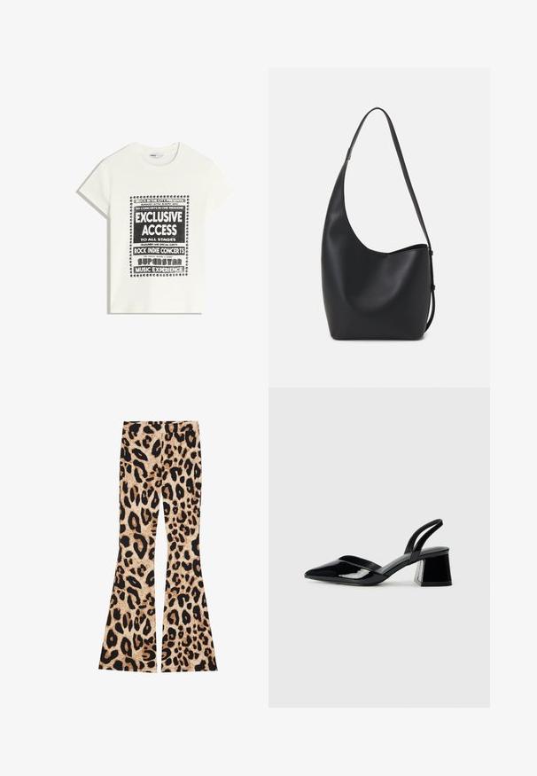 Vit t-shirt med svart text som främjar ett musikevenemang, med inskriptionerna "Exklusiv Tillgång", "Rock Indie-konserter" och "Superstar Musikupplevelse."; Leopardmönstrade utsvängda byxor med ribbad textur, i beige och svart, med varierande fläckmönster över hela tyget.; Svarta lackläder slingback klackar med spetsig tå och geometrisk klack. Har en elegant, minimalistisk design och slät yta.; Svart läder hobo-väska med en slät textur, kurvig form och en justerbar axelrem; har en bred öppning upptill.