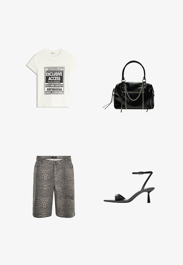 White t-shirt with black text promoting a music event, featuring "Exclusive Access," "Rock Indie Concerts," and "Superstar Music Experience."; Zizzi Denim shorts - leopard; Bershka High heeled sandals - black; Bershka WITH CHAIN - Handbag - black