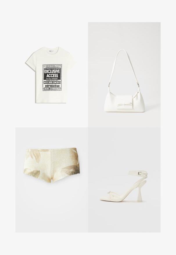Weißes T-Shirt mit schwarzem Text zur Bewerbung eines Musikevents, mit den Aufdrucken "Exklusiver Zugang", "Rock Indie Konzerte" und "Superstar Musikerlebnis."; Strickshorts in hellem Beige mit floralem Muster. Merkmale eine strukturierte Oberfläche und einen gewellten Saum. Weicher und leichter Stoff.; Sandaletten aus weißem Leder mit hohen Absätzen, schlankem Design, transparentem Blockabsatz und einem dekorativen Element an der Zehe.; Weiße synthetische Handtasche in dreieckiger Form, flache Vorderklappe und Schleifendetail, verstellbarer Trageriemen, glatte Textur und minimalistisches Design.