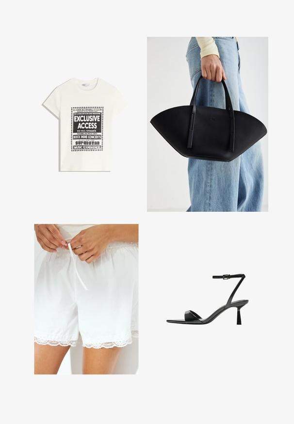 Weißes T-Shirt mit schwarzem Text zur Bewerbung eines Musikevents, mit den Aufdrucken "Exklusiver Zugang", "Rock Indie Konzerte" und "Superstar Musikerlebnis."; Weiße Baumwollshorts mit elastischem Bund und Kordelzug, verziert mit einer Spitzenbordüre am Saum für zusätzliche Details.; Bershka High Heel Sandalette - black; Schwarze Lederhandtasche mit einzigartiger Fächerform, ausgestattet mit flachen Griffen. Die Oberfläche hat eine genoppte Textur und ein minimalistisches Design.