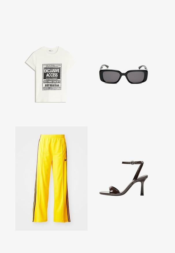 Vit t-shirt med svart text som främjar ett musikevenemang, med inskriptionerna "Exklusiv Tillgång", "Rock Indie-konserter" och "Superstar Musikupplevelse."; Gula sportbyxor med svarta sidostrecker och resårmidja. Tillverkade av ett slätt och lätt material. Har en logotyp på låret.; Bruna lackläder högklackade sandaler med ankelrem, öppen tå och en elegant, minimalistisk design. Har en fyrkantig klack.; Svarta rektangulära solglasögon med mörka linser, slimmad plastbåge och böjda tempel. Designen är kraftig med en minimalistisk estetik.; Gul veckad handväska i slät konstläder, med en mjuk form och en enda axelrem samt en rynkad toppdesign.
