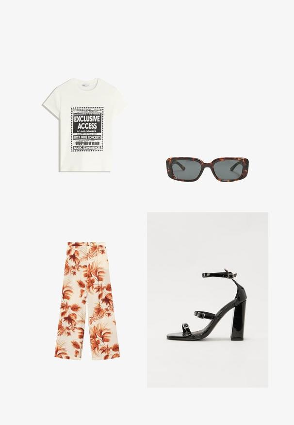 Valkoinen t-paita mustalla tekstillä, joka mainostaa musiikkitapahtumaa. Siinä on tekstit "Eksklusiivinen pääsy", "Rock Indie -konsertit" ja "Superstar-musiikkikokemus."; Lepakankaanhousut kevyestä kankaasta, joissa on off-white-pohja suurilla ruosteenvärisillä lehtikuvioilla ja sileä tekstuuri.; Musta kiiltävä korkokenkä sandaalit neliönmuotoisella varpaalla, nilkkaremmillä ja hopeisilla soljilla. Varustettu tukevalla lohkokorkealla vakauden takaamiseksi.; Silmälasit pähkinäkuoresta, joissa on suorakulmaiset linssit, paksut kehykset ja tummennetut linssit. Sileä pinta ja minimalistinen muotoilu.; Musta nahkainen käsilaukku, joka on kaareva muotoilultaan, irrotettavalla hihnalla ja kultaisilla yksityiskohdilla. Laukussa on läppä, jossa on solk yksityiskohta.