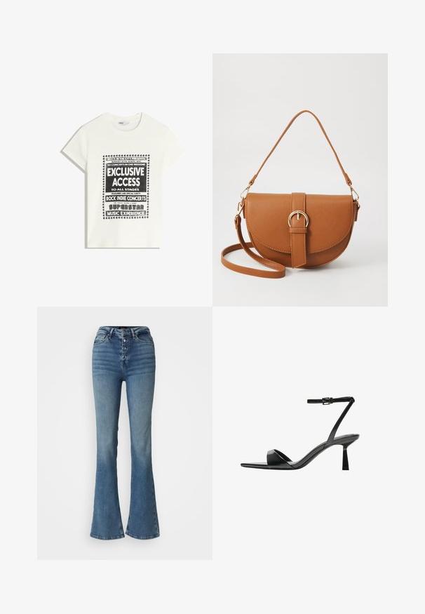 Tricou alb cu text negru care promovează un eveniment muzical, având inscripțiile "Acces Exclusiv", "Concerte Rock Indie" și "Experiența Muzicală a Superstarurilor".; Blugi evazați cu talie înaltă, de culoare albastră, fabricate din denim, având un sistem de închidere cu cinci nasturi, detalii de decolorare și o siluetă ajustată pe coapse.; Bershka Sandale cu toc - black; Geantă din piele maro, tip crossbody, cu o formă curbată, accesorii aurii și un accent cu cataramă. Dispune de un curea de umăr detașabilă.