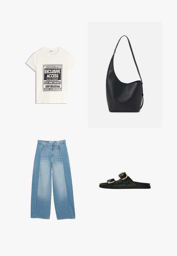 Fehér póló fekete felirattal, amely egy zenei eseményt népszerűsít, benne az "Exkluzív Hozzáférés", "Rock Indie Koncertek" és "Szupersztár Zenei Élmény" szöveggel.; Világoskék, bővebb szárú farmernadrág, amely egyedi kialakítással rendelkezik, két texturált panellel. Öt zsebes stílus, gombos zárással.; Fekete csúszó szandál, két arany csattal, sima textúrájú anyagból, lapos talppal és minimalista dizájnnal.; Fekete bőr hobo táska sima textúrával, ívelt formával és egyetlen állítható pánttal; széles nyílás található a tetején.